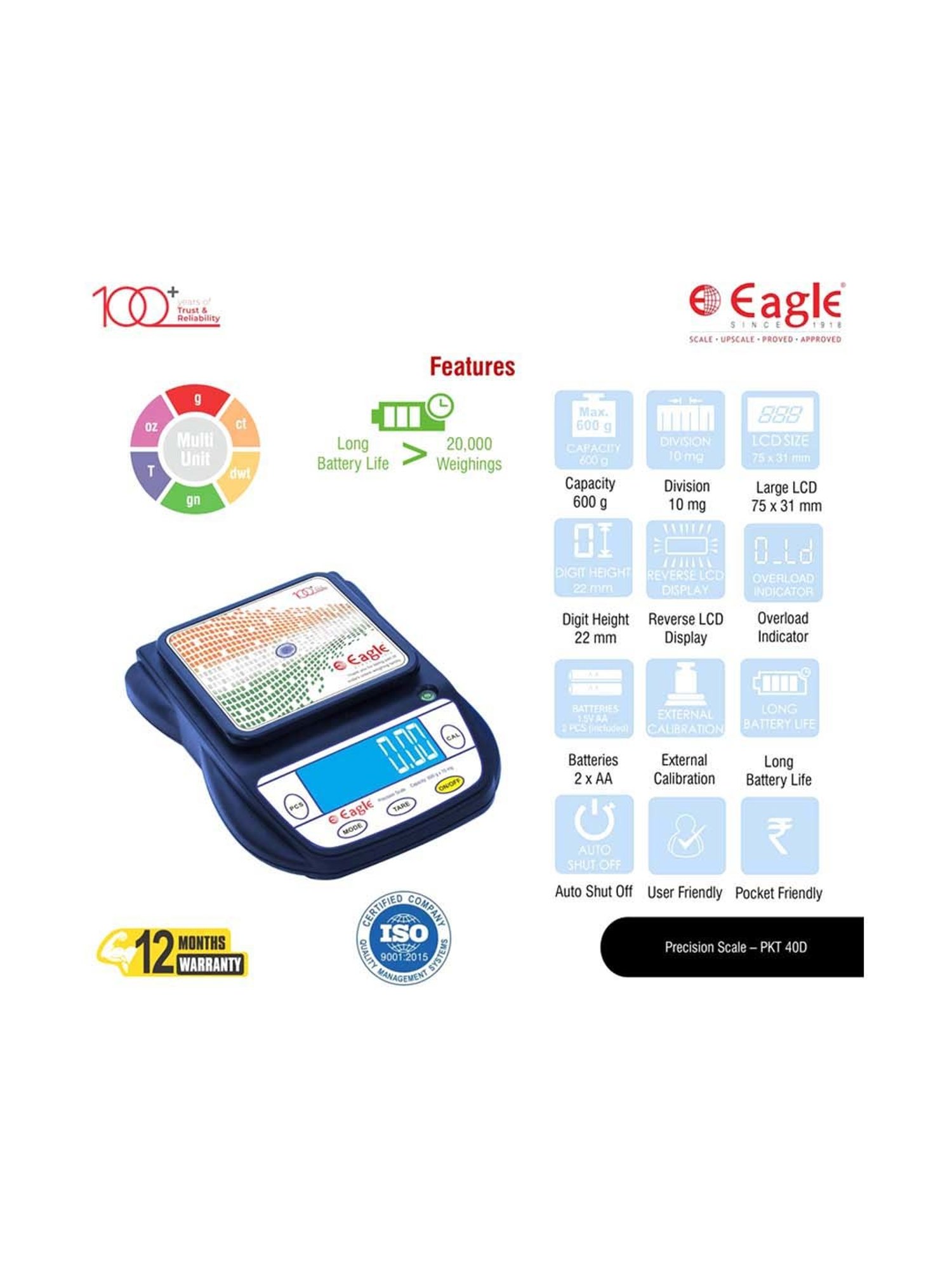 Eagle PKT-40D Digital Weight Machine for Kitchen 600g Capacity,0.01g Accuracy,Kitchen Weighing Scale