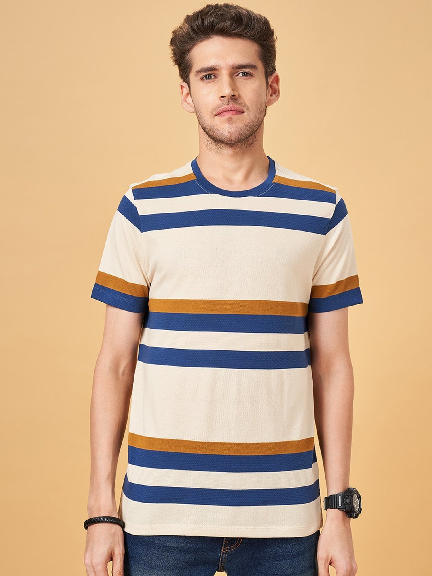 SF Jeans by Pantaloons Mustard Cotton Slim Fit Striped T-Shirt