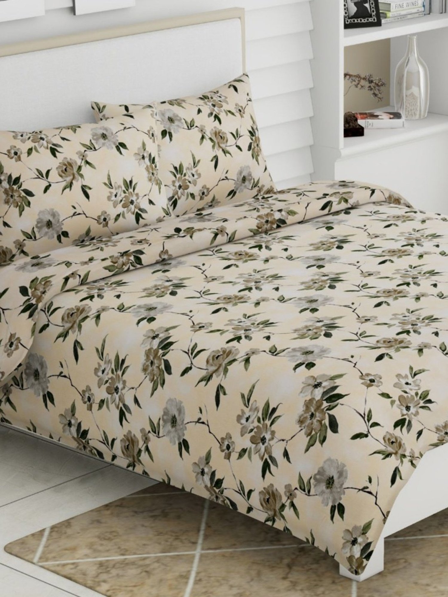 Haus & Kinder Greek Garden Romance Yellow & Greem 186 TC Cotton King Bed Sheet with 2 Pillow Covers