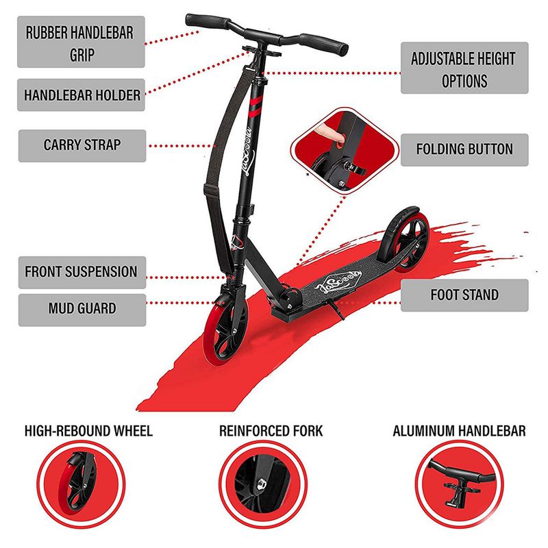 LaScoota Premium Teen Adult Adjustable Portable Folding Kick Scooter with Lightweight Wide Non Slip Deck and Carry Strap, Red