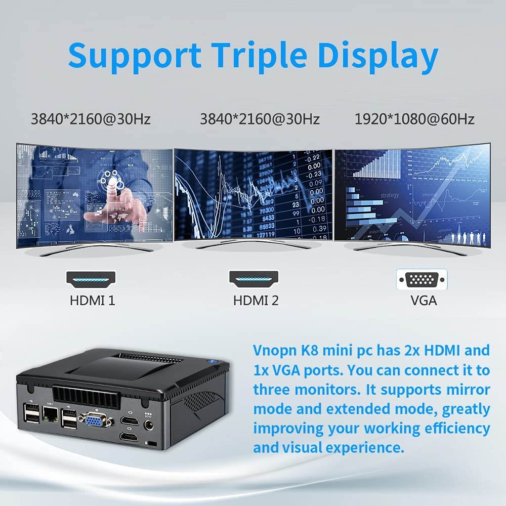 Vnopn K8 Mini PC Windows 10 Pro 64bit with License, Micro Computer AMD A6 8500B Processor 2C/4T, up to 3.0GHz, 8G DDR3 128G SSD, Support Triple HD Display/2.4G+5G WiFi/8 USB/Type-C/Auto Power on