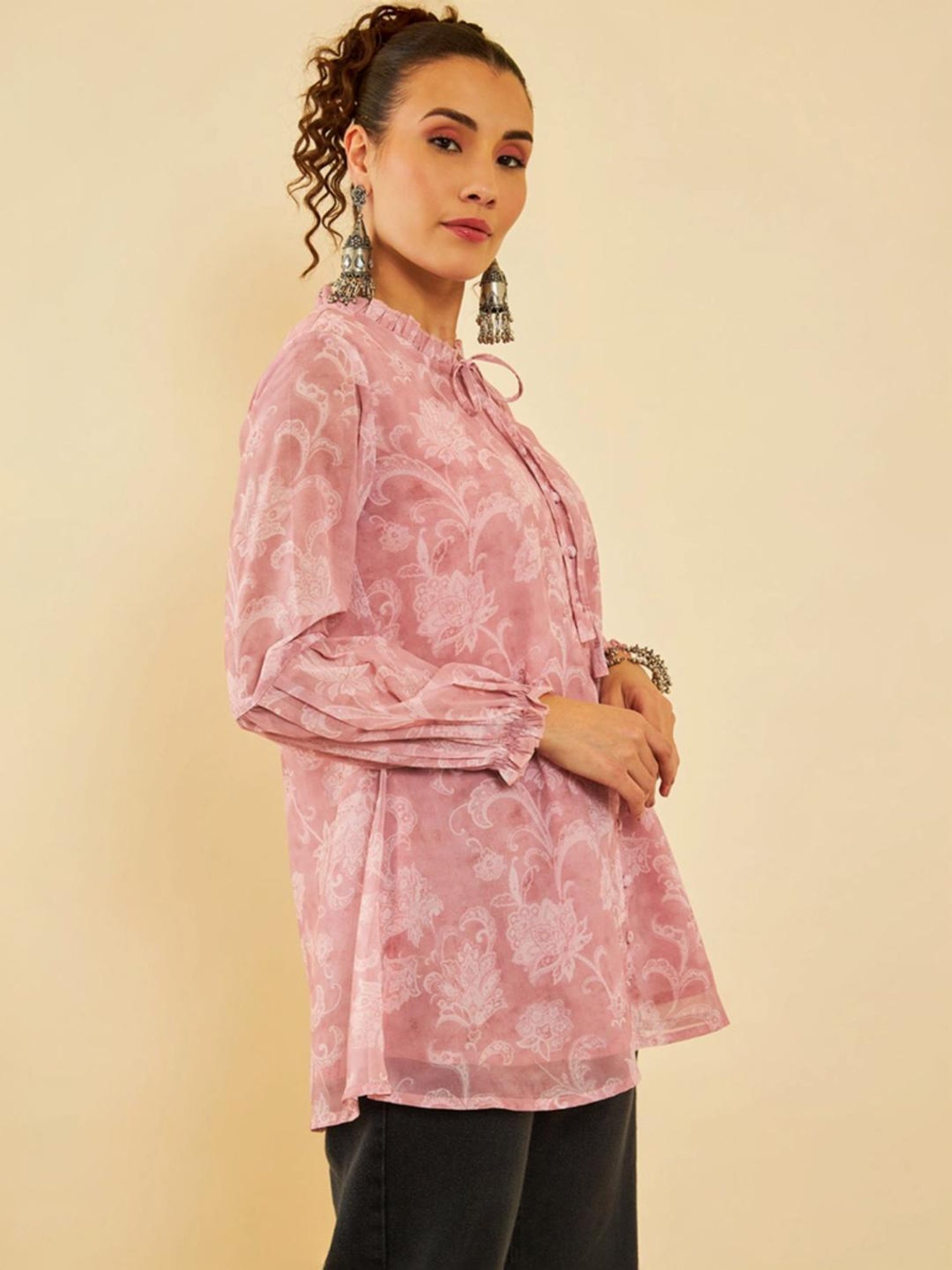 Soch Peach Georgette Floral Printed Ruffle Neck Tunic With Tie-Ups