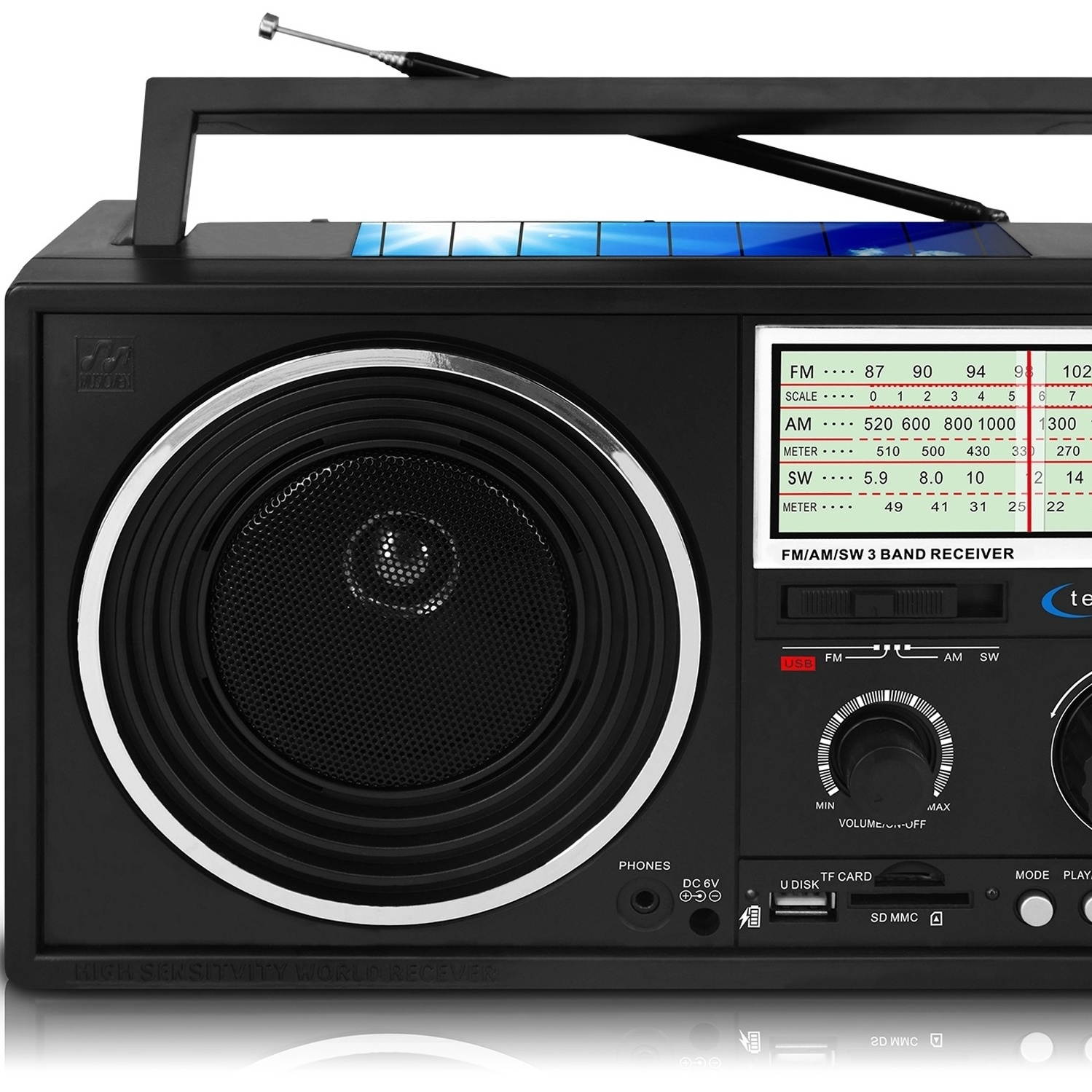 Technical Pro Portable Handheld Rechargeable Shortwave AM FM Dial Radio Speaker With USB SD Input, The Ultimate Solar Powered Radio For Anyone On The Go