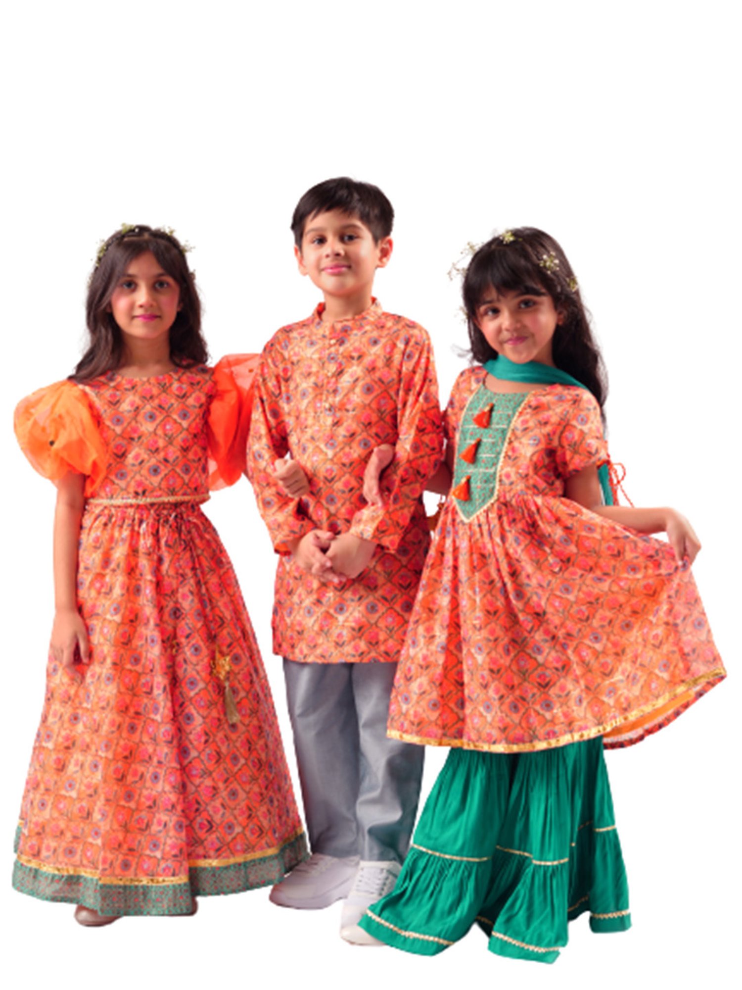 Lil Drama Kids Orange & Grey Floral Print Full Sleeves Kurta With Pyjamas
