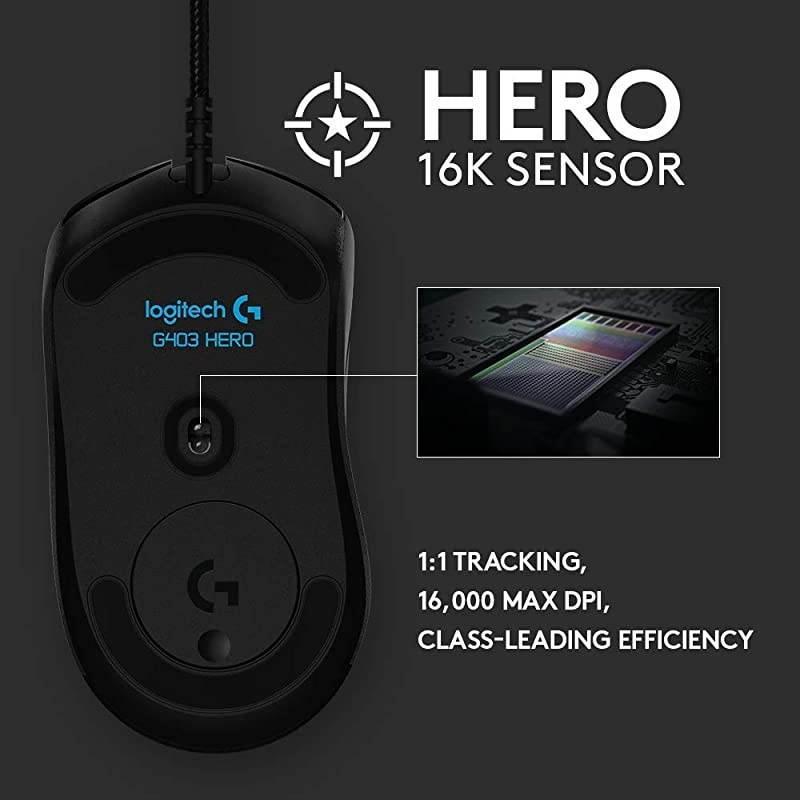 403 Hero 16K Gaming Mouse Lightsync RGB Lightweight 87G+10G Optional Braided Cable 16 000 DPI Rubber Side Grips