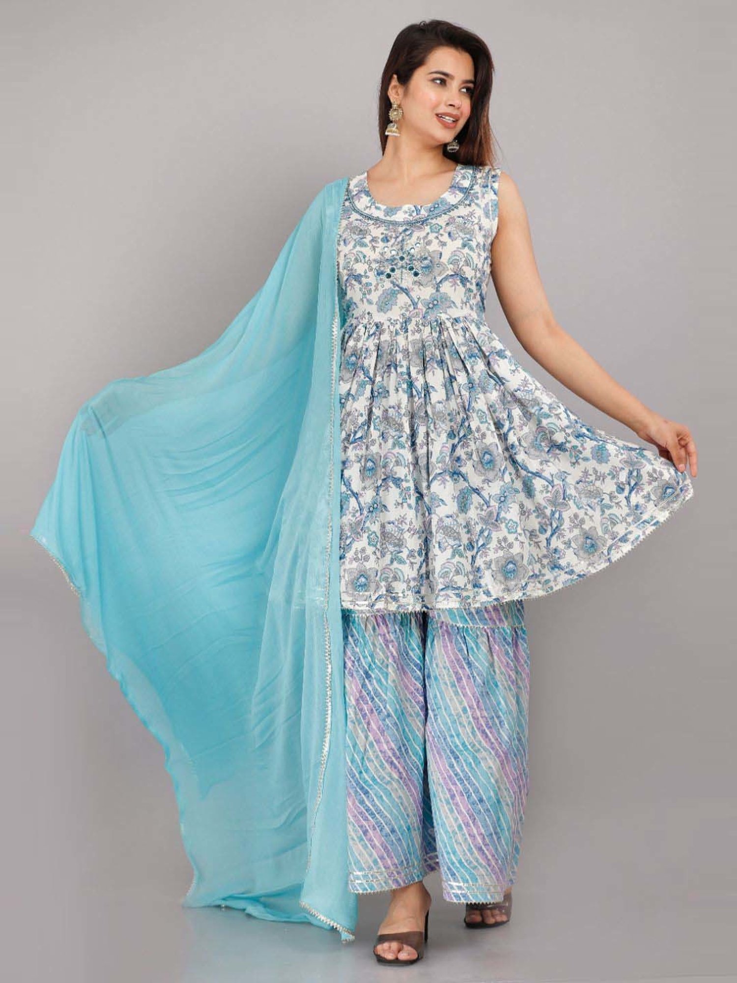 HIGHLIGHT FASHION EXPORT Blue Cotton Embellished Kurta Sharara Set With Dupatta