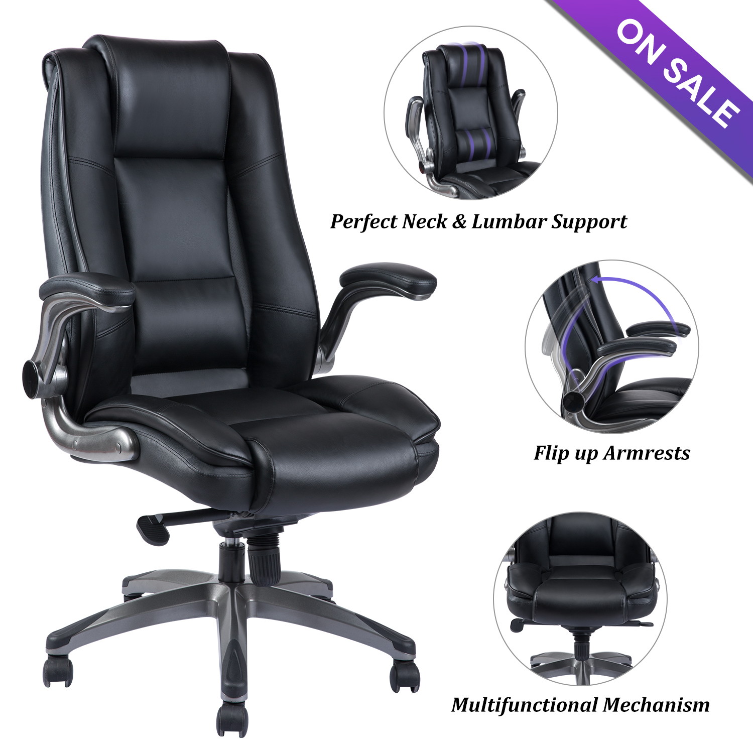 VANBOW High Back Executive Office Chair Comfortble- Ergonomic Bonded Leather Computer Work Desk Swivel Chair with Flip-up Arms, Adjustable Reclining Angle, Lumbar Support and Easy to Assemble,Black