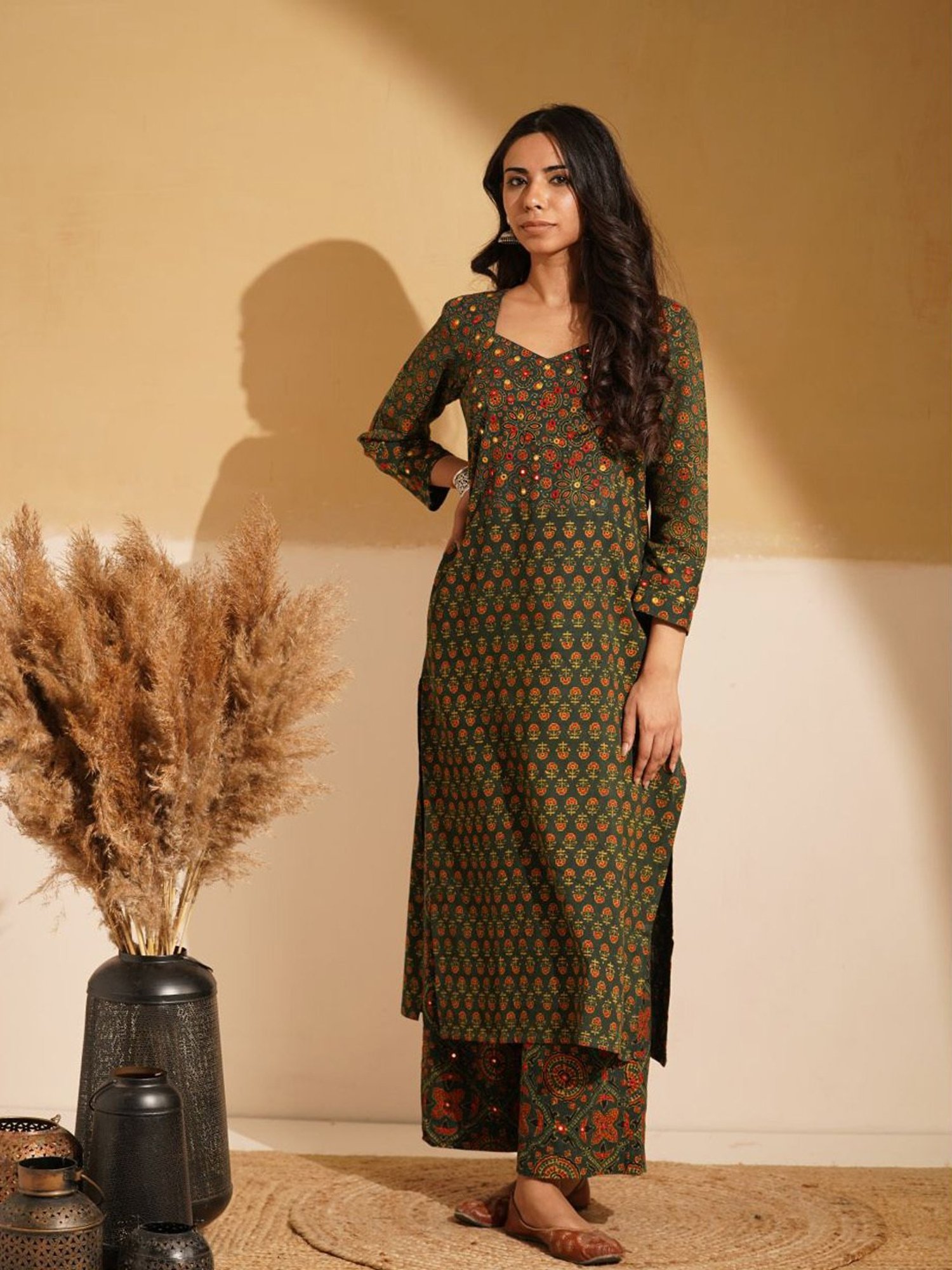 Love Chic Green Ajrakh Cotton Straight Kurta