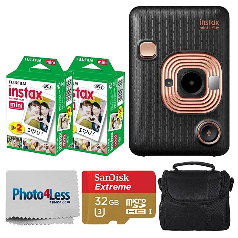 Instax Mini Liplay Beige Gold Camera +  Instax Mini Twin Pack Instant Film (16437396) 2 Pack + 32GB SD Card + Case + Cloth