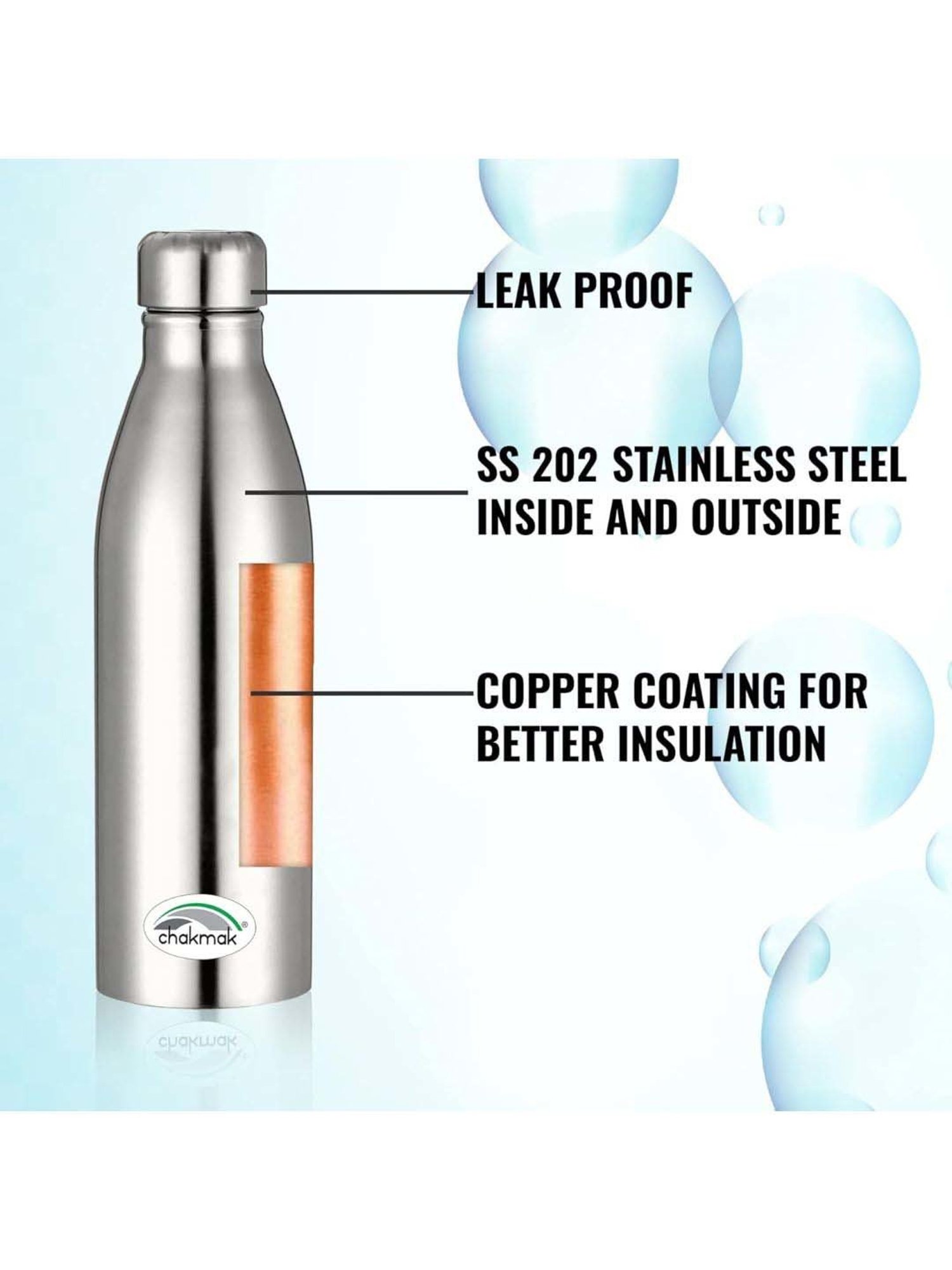 Chakmak Silver Stainless Steel Water Bottle - Set of 4