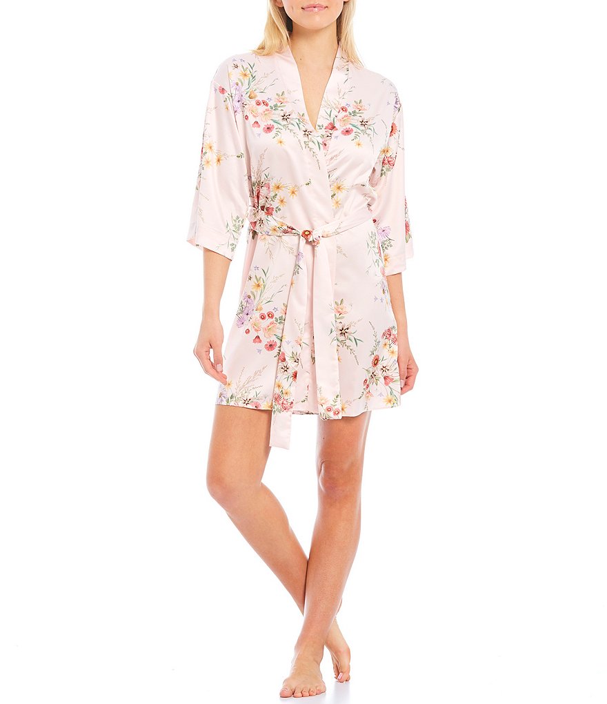 Flora Nikrooz Jolene Floral Print Charmeuse Short Wrap Robe