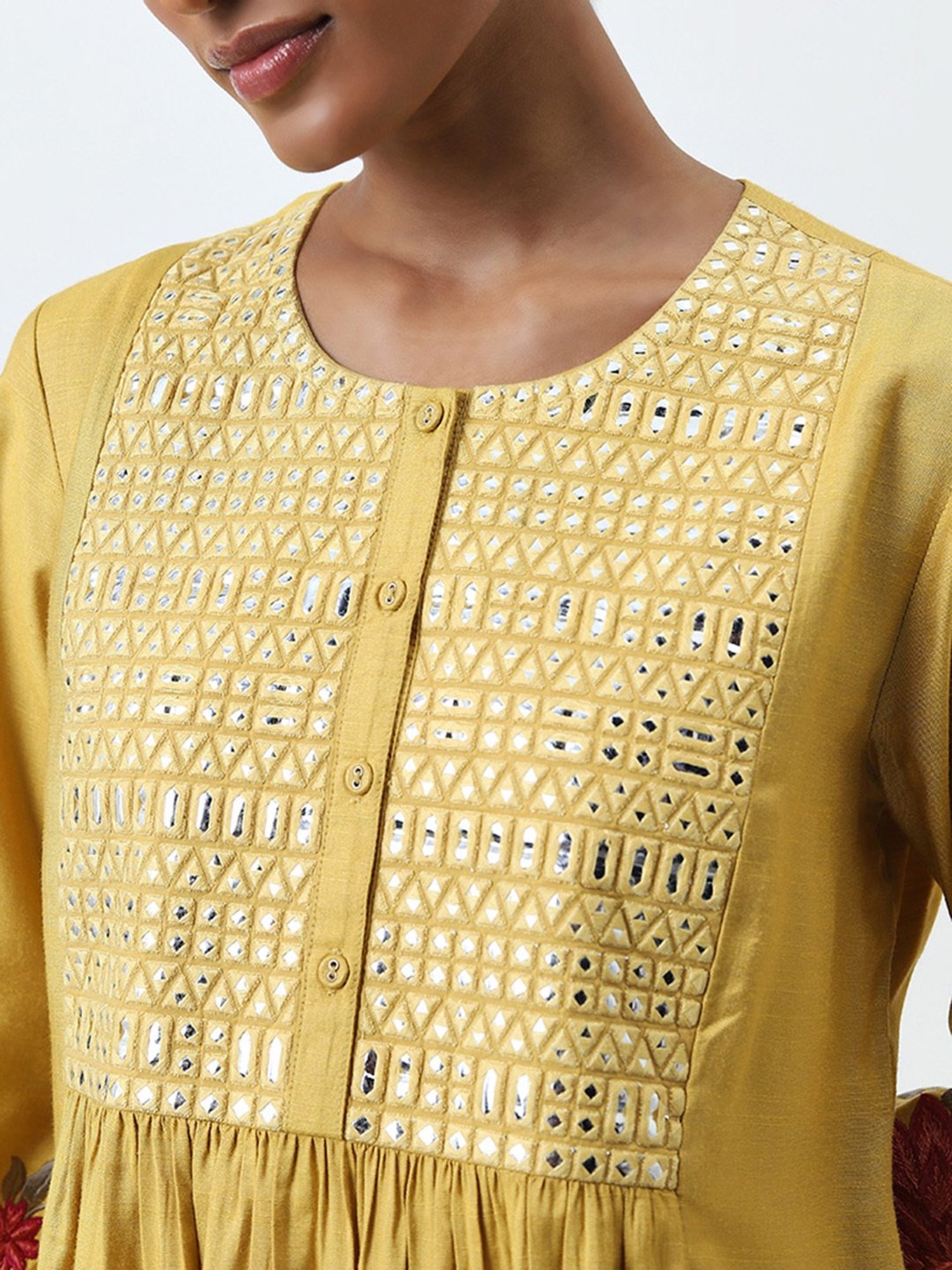 Zuba by Westside Yellow Mirror Work Detailed A-Line Kurta