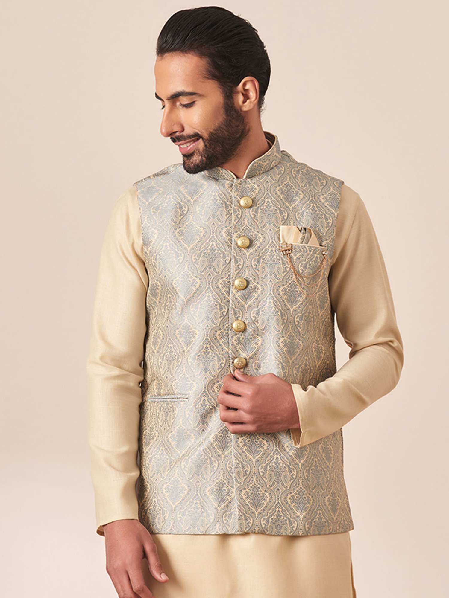 Manyavar Grey Regular Fit Printed Nehru Jacket
