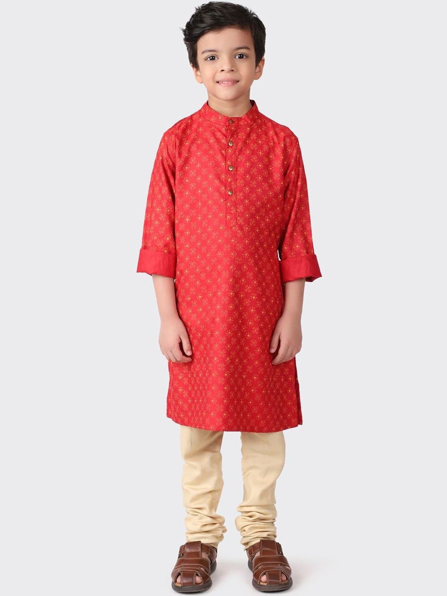 Fabindia Kids Red Printed Full Sleeves Kurta