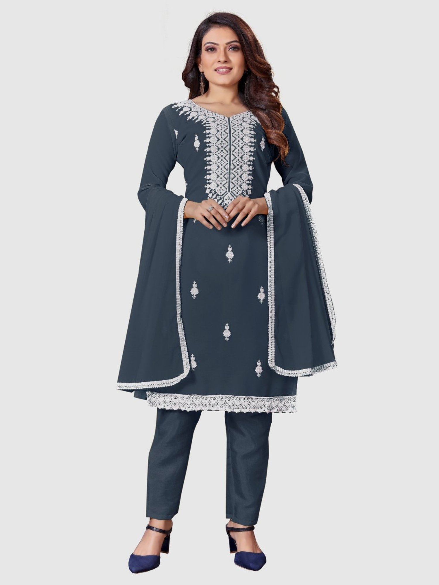APNISHA Bluish Grey Embroidered Unstitched Dress Material