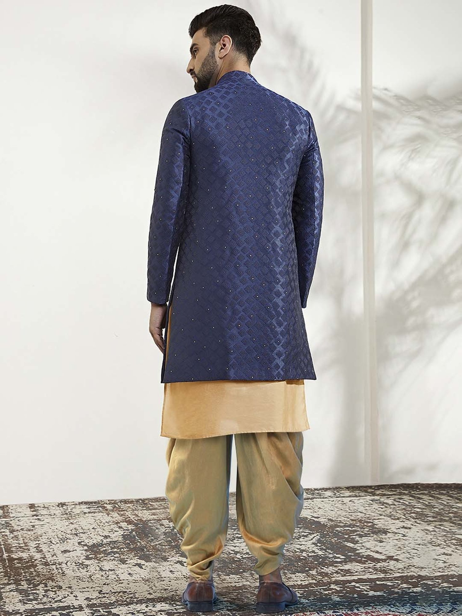 KISAH Blue & Beige Regular Fit Self Design Sherwani Set