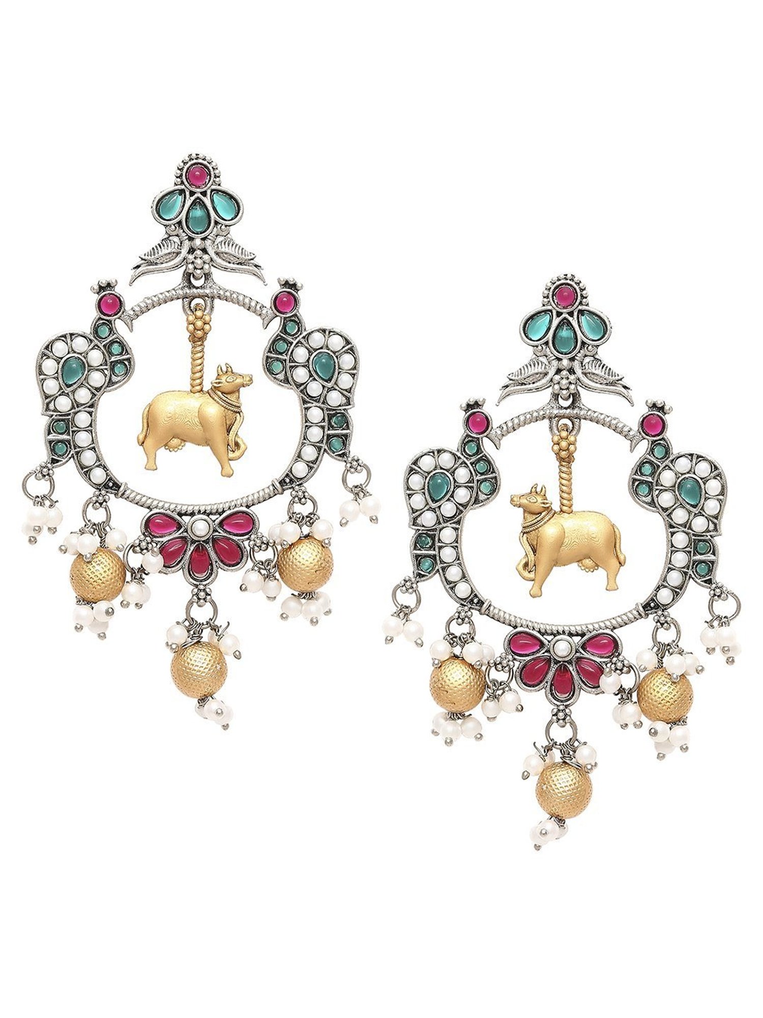 OOMPH Oxidised Silver Ethnic Nandi Cow and Peacock Design Jadau Style Dangler Earrings