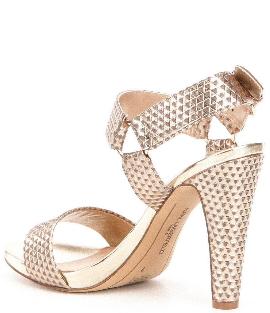 KARL LAGERFELD PARIS Cieone Metallic Leather Ankle Strap Dress Sandals