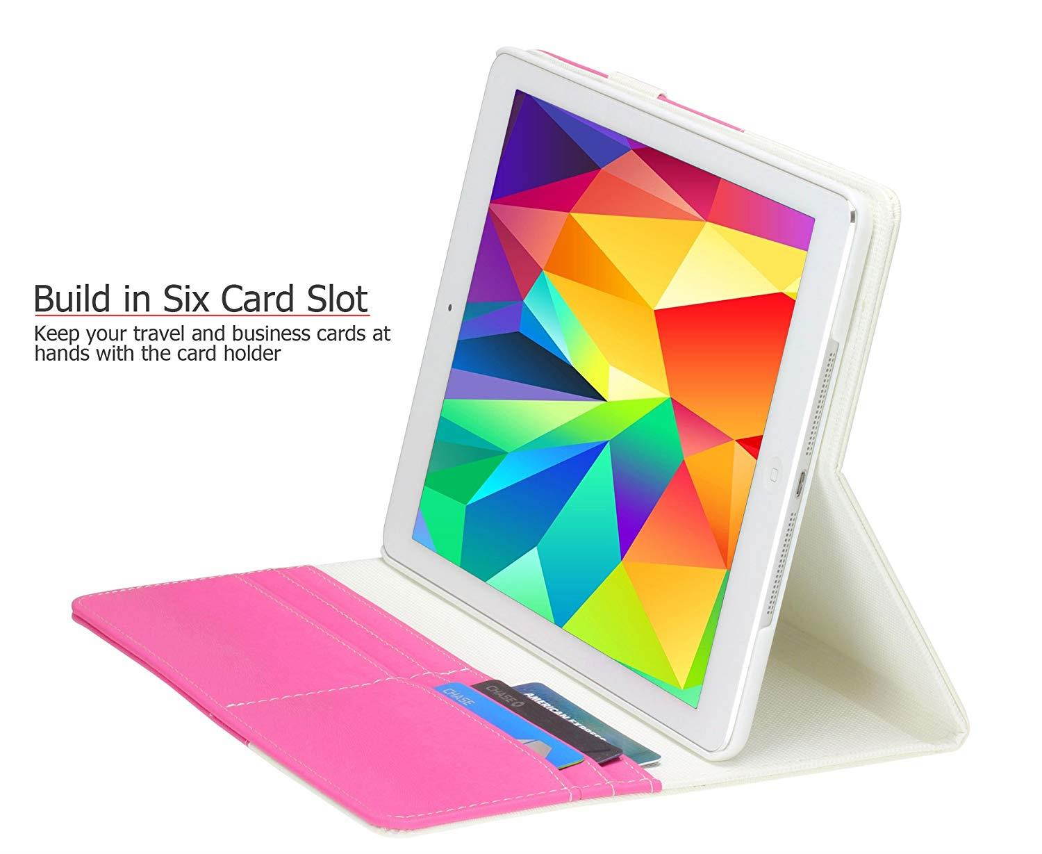 SAVEICON Pink Hybrid iPad Air 1 1st Gen PU leather Case Cover with Card Slots Auto Wake / Sleep Smart Cover Book Shell Stand for Apple iPad Air iPad Wifi 3G 4G LTE with Built-in Stand