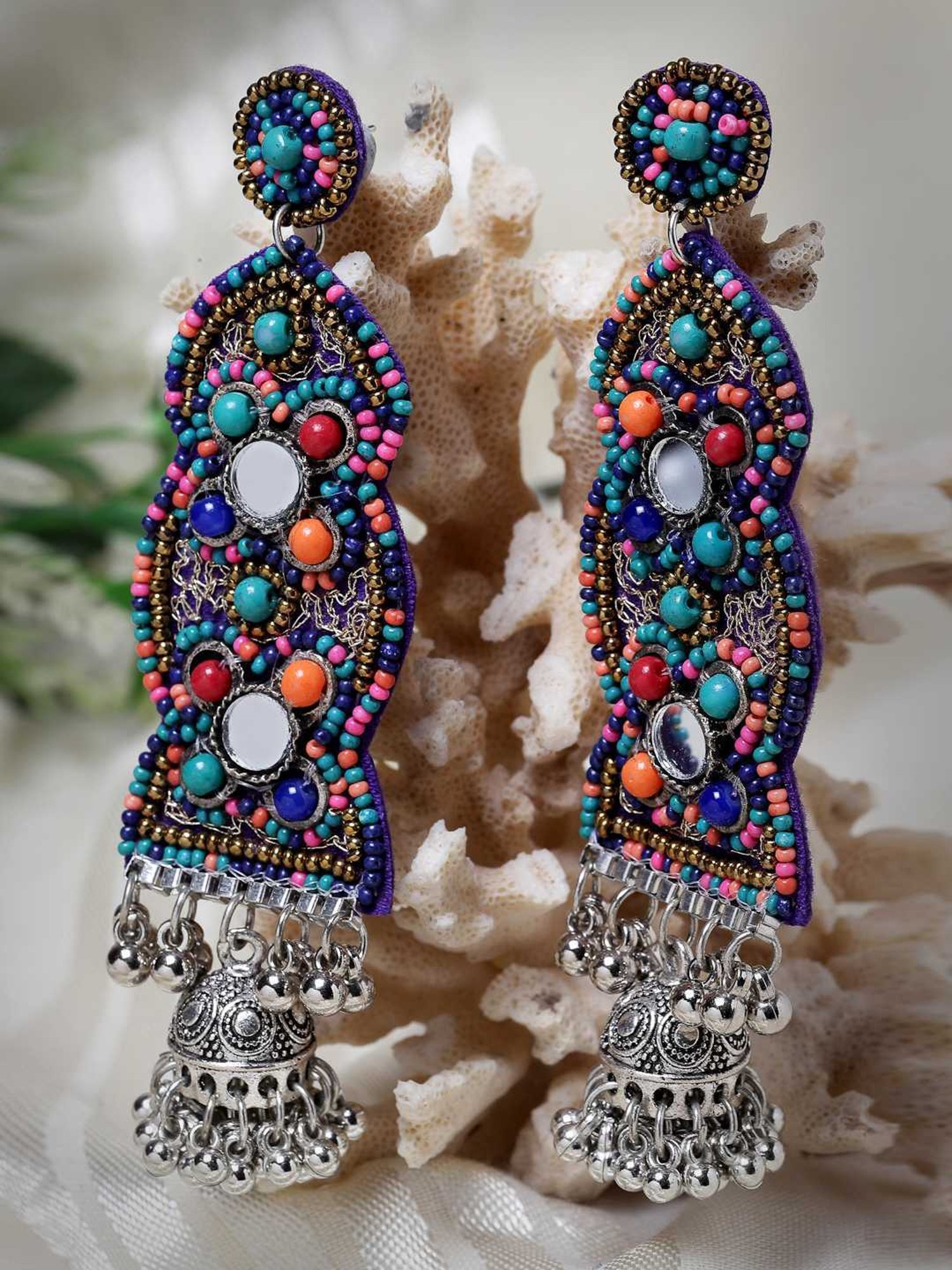Moedbuille Beads and Mirror Afghan Tribal Design Oxidised Silver Handcrafted Tasselled Earrings