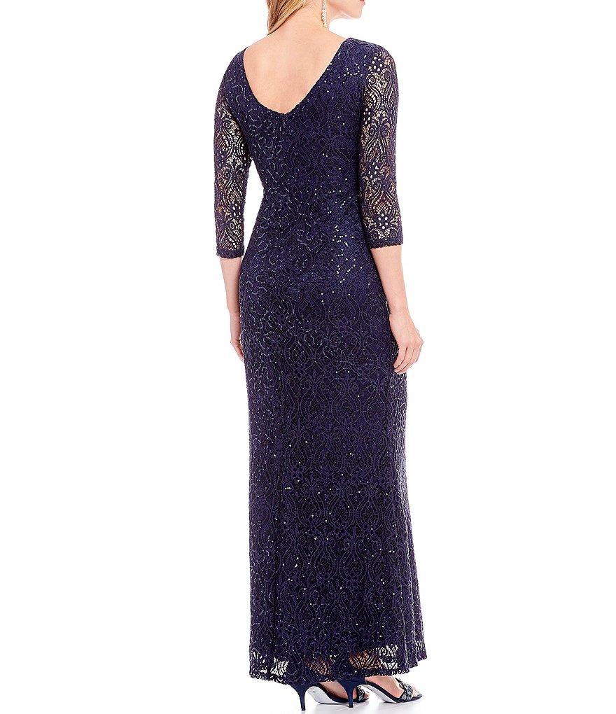 Kay Unger Long Bishop Sleeve V-Neck Crepe A-Line Dress