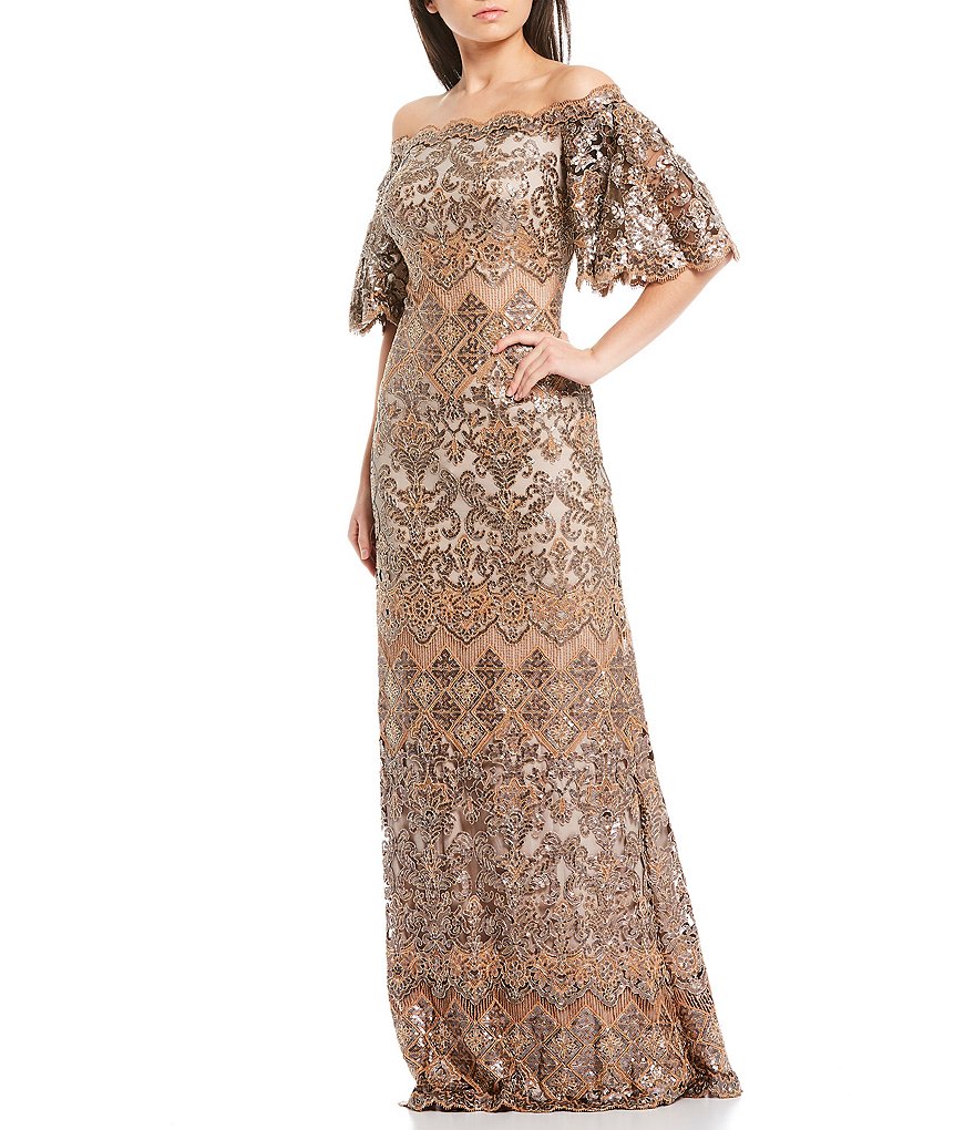 Tadashi Shoji Off-the-Shoulder Sequin Lace Scalloped Hem Gown