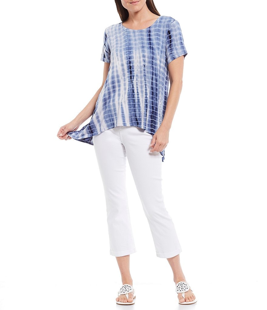 Tru Luxe Jeans Mixed Media Short Sleeve RoundNeck Tie Dye Tunic