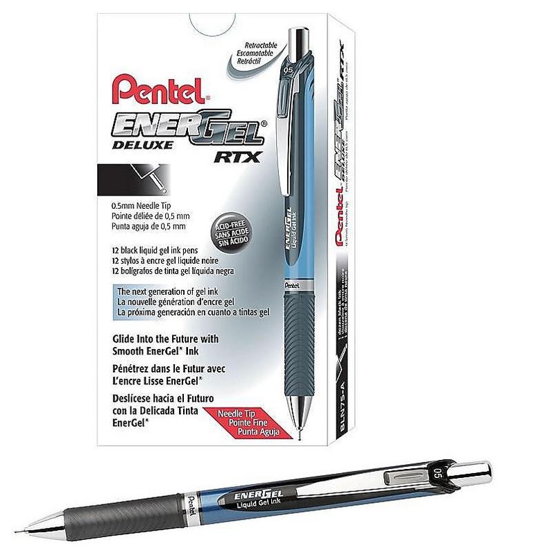 Pentel Gel Pen Retract/Refillable Needle Tip 0.5mm 12/BX BK Ink BLN75ABX