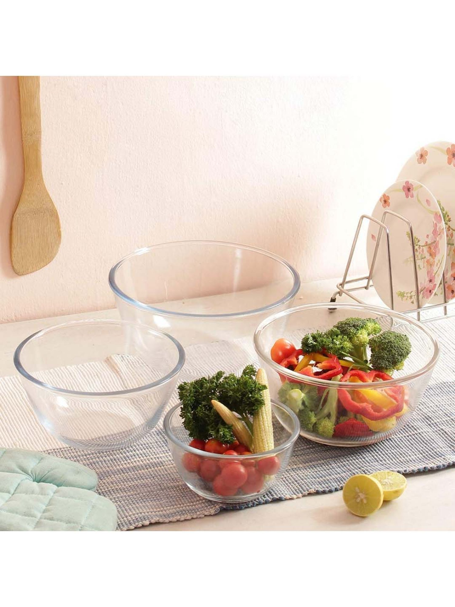 Femora Transparent Borosilicate Glass Mixing Bowls (1650 ml, 2100 ml, 2650 ml, 3600 ml) - Set of 4