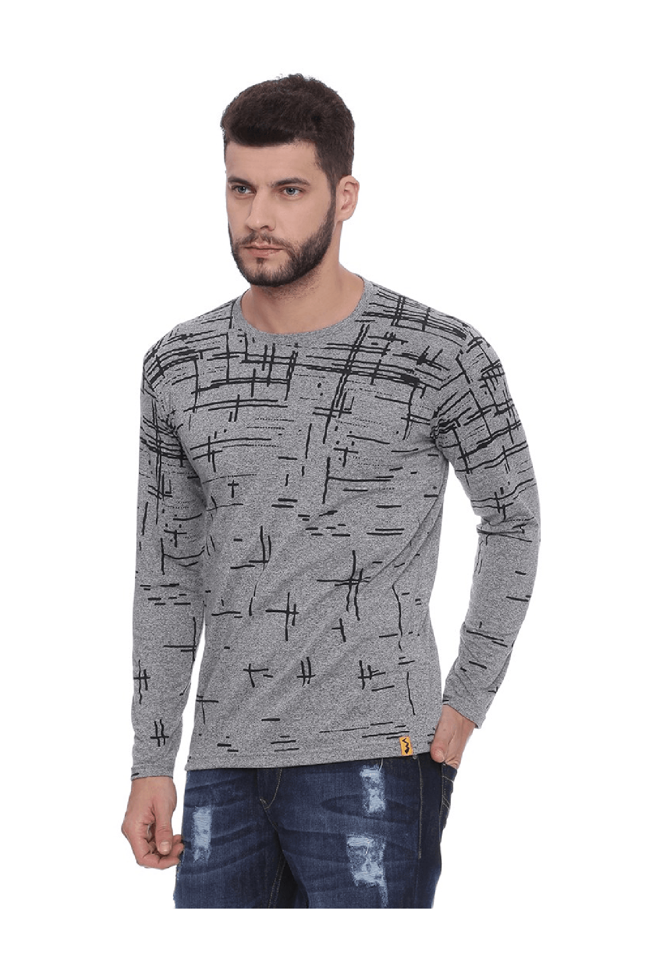 Campus Sutra Grey Printed Cotton T-Shirt