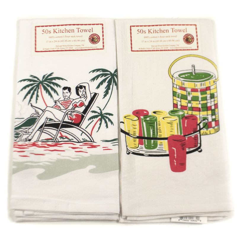 Tabletop 24.0" Summer's Here Towels Set/2 100 Cotton Beach Days Keep Cool Red And White Kitchen Company  -  Kitchen Towel
