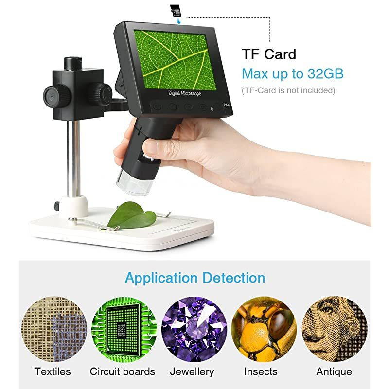 4.3 inch Full Color LCD Digital USB Microscope with 10X-600X Magnification Zoom,8 LED Adjustable Light,Rechargeable Lithium Battery,Micro-SD Storage,Camera Video Recorder
