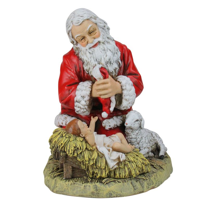 Roman 13.25" Red and White Kneeling Santa with Baby Jesus Christmas Figure