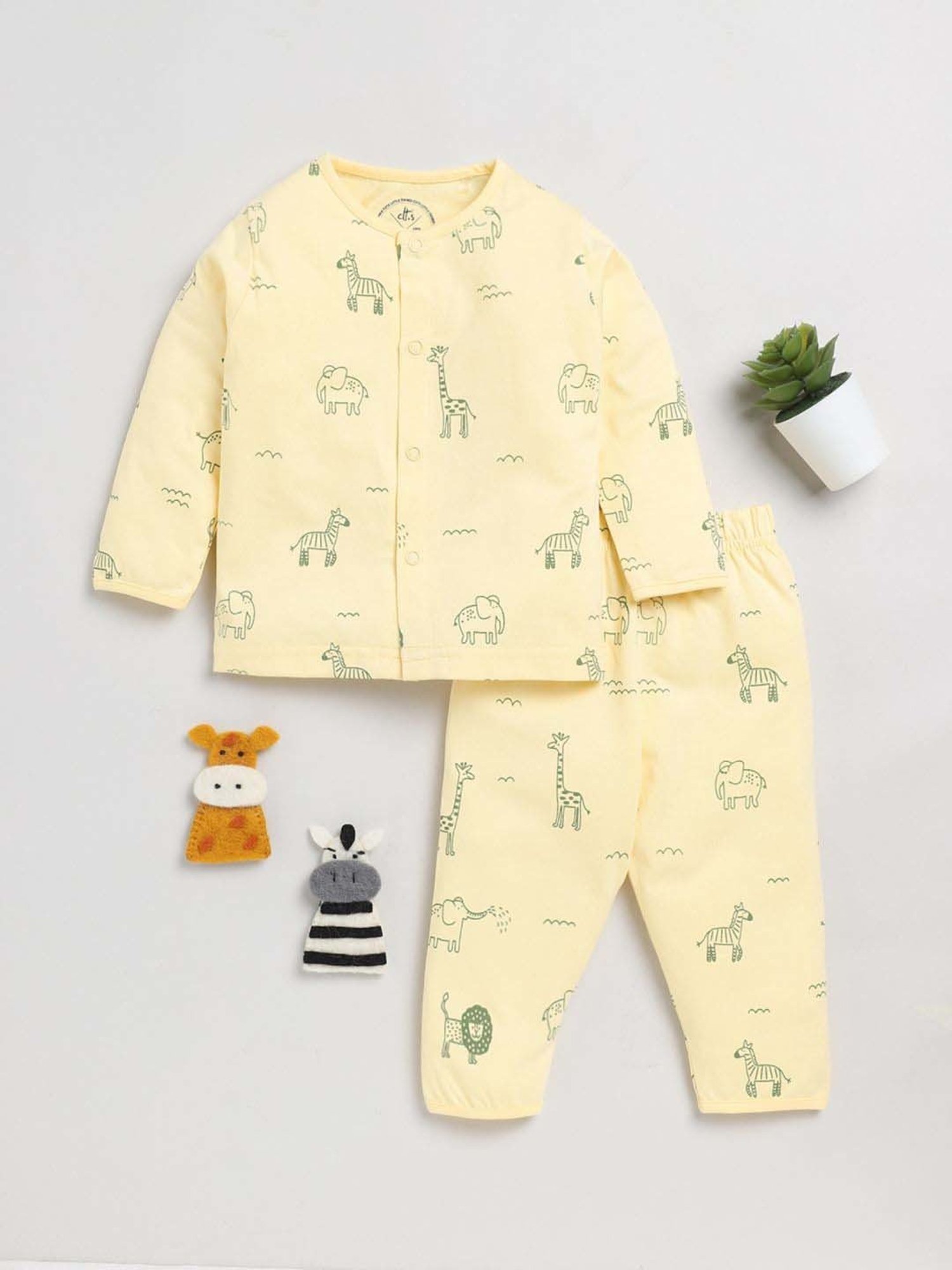 Clt.s Boys Yellow Cotton Printed Full Sleeves Top Set