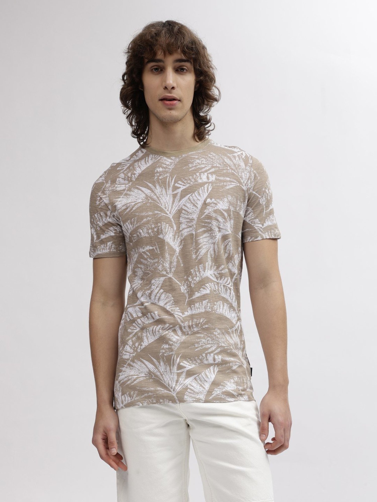 Lindbergh Brown Cotton Regular Fit Printed T-Shirt