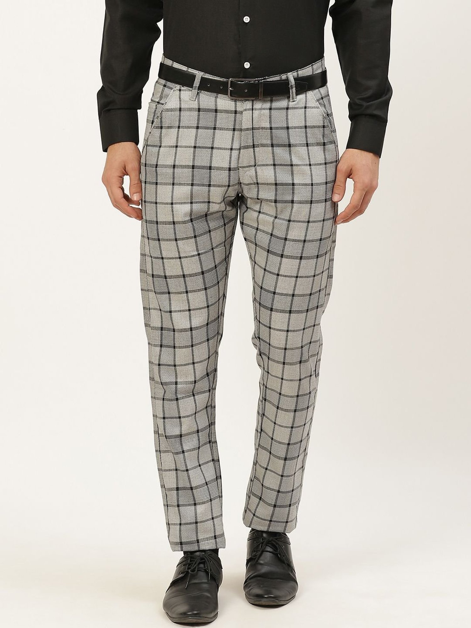 Sojanya Grey Cotton Regular Slim Fit Checks Flat Front Trousers