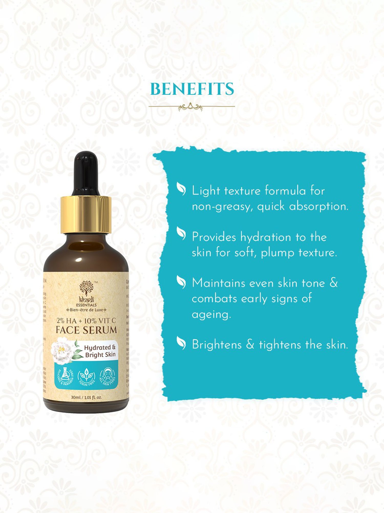 Khadi Essentials 2% HA + 10% Vitamin C Face Serum with Tea Tree Extracts - 30 ml