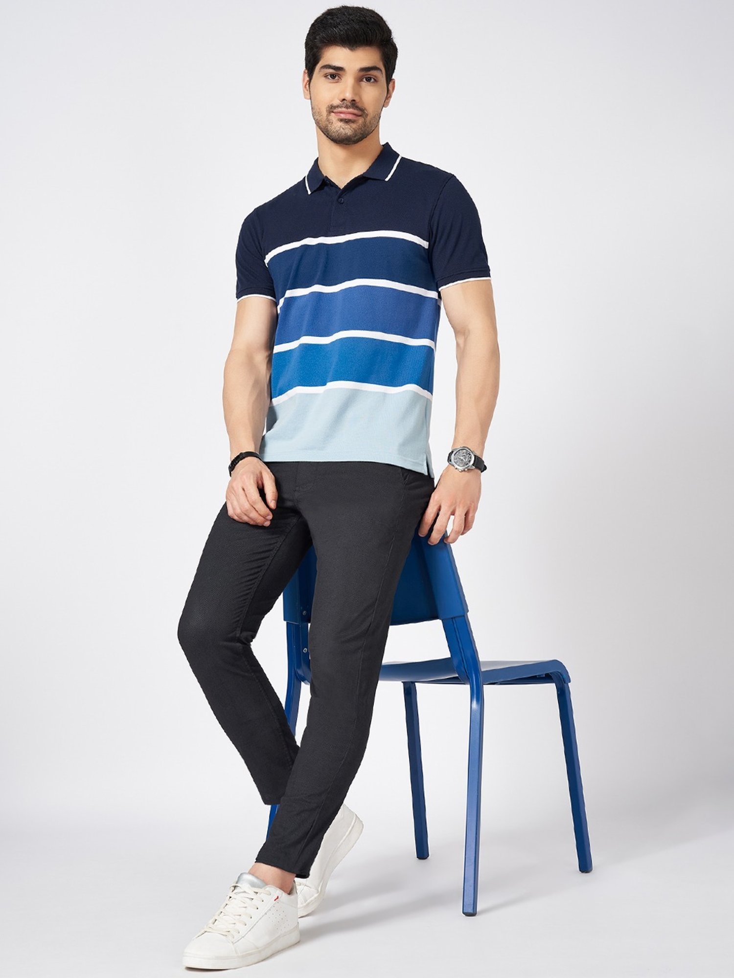 Byford By Pantaloons Blue Slim Fit Striped Polo T-Shirt