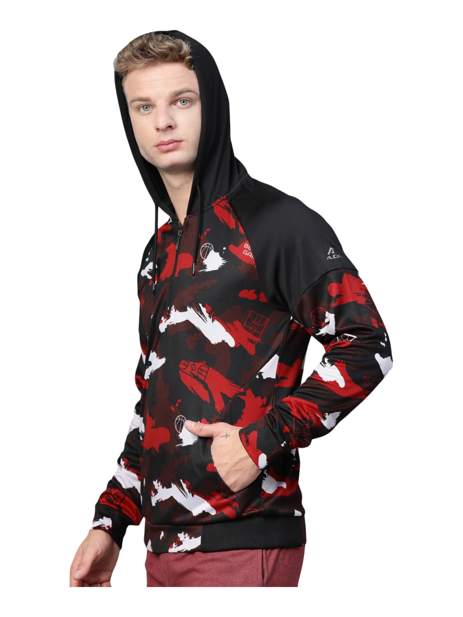 ALCIS Red & Black Regular Fit Camouflage Hooded Sweatshirt