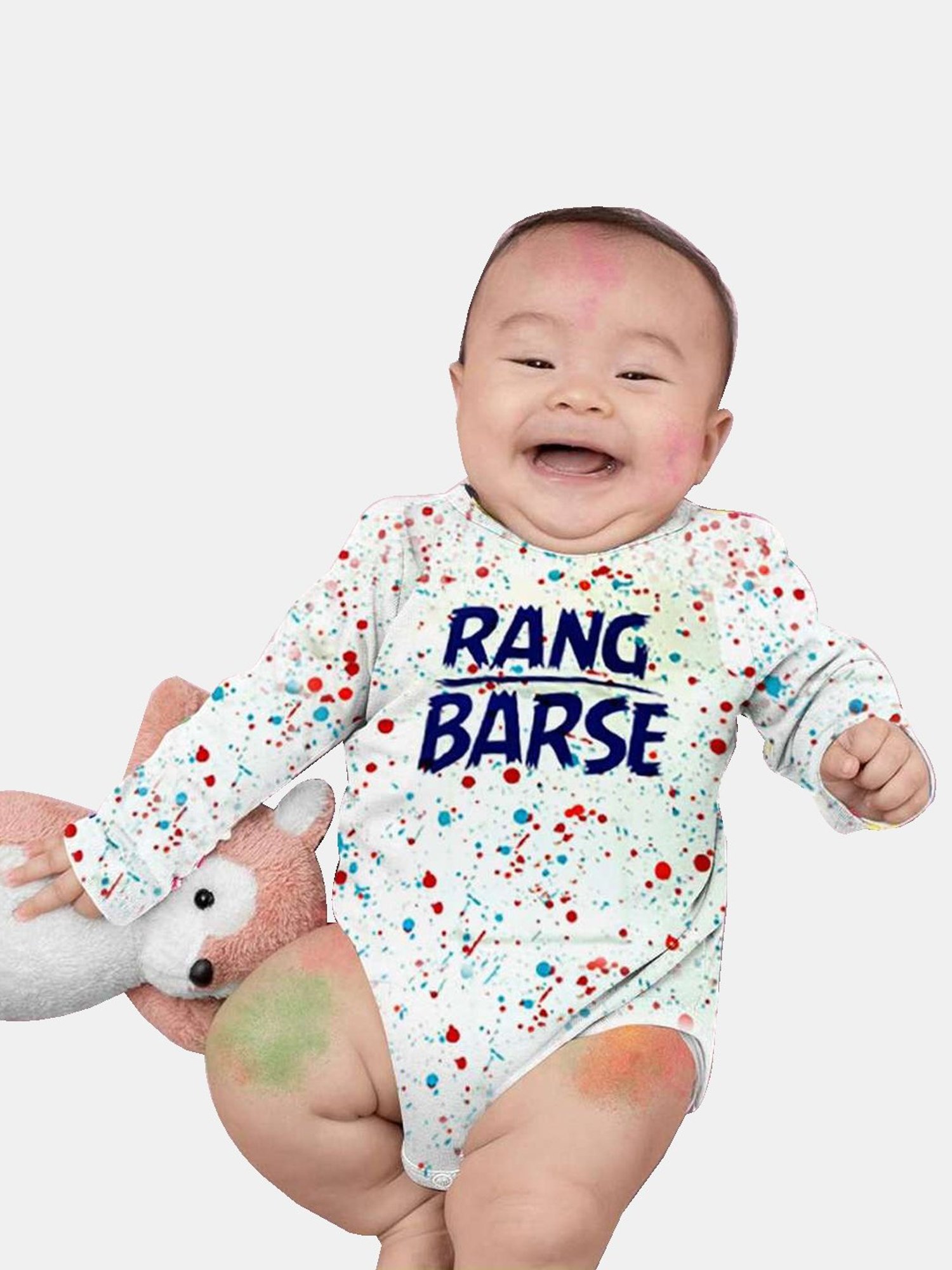 Bonkids White Cotton Range Barse Holi Printed Full Sleeves Onesie