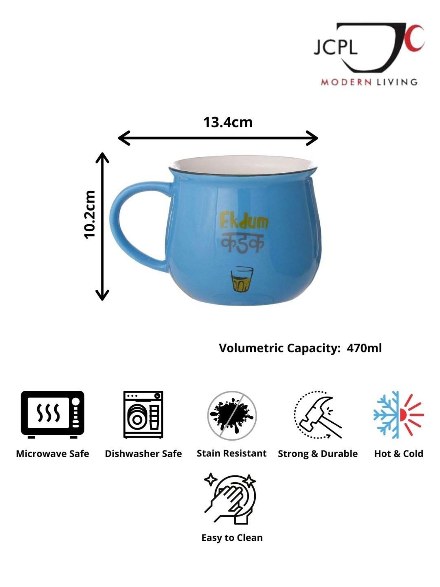 JCPL Blue Ceramic 10.2 cm Milk Mug (0.47 L) - Set of 2