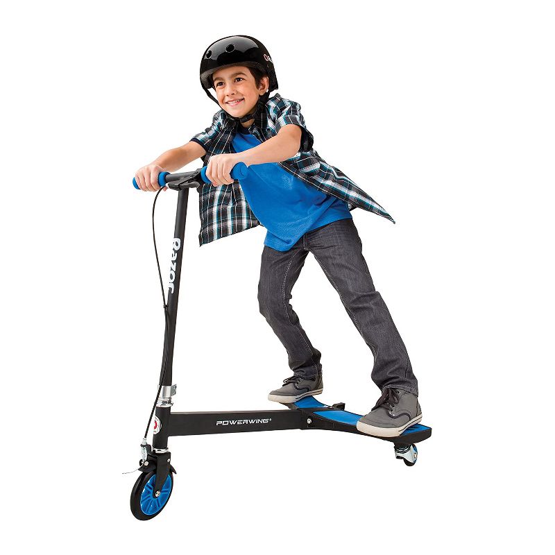Razor PowerWing 125mm 3 Wheel Inclined Portable Caster Powered Stand Ride Scooter with Adjustable Foam Handlebars, Kids Ages 6 and Up, Blue