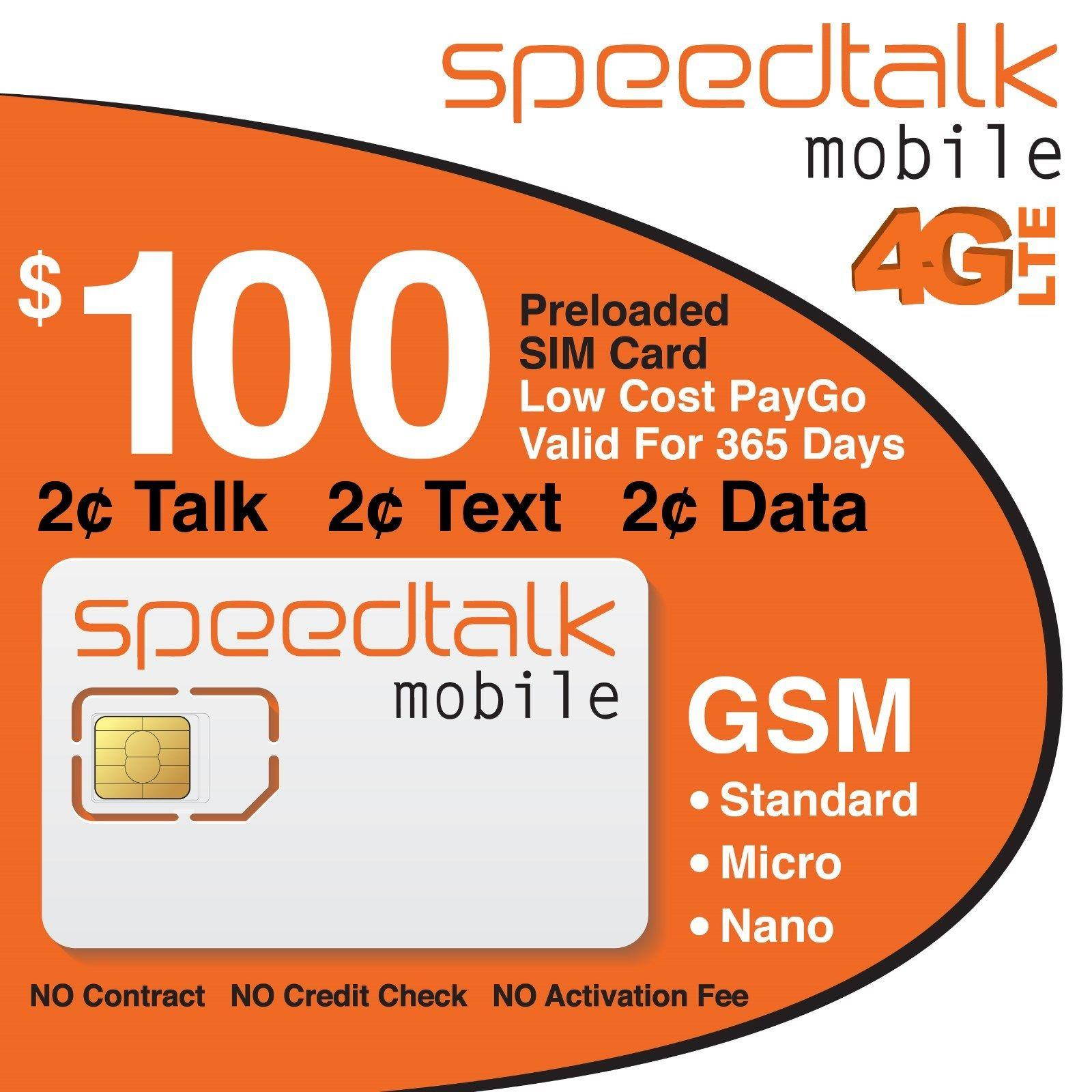 $100 Preloaded Mobile Sim Card - NO Contract - Speedtalk