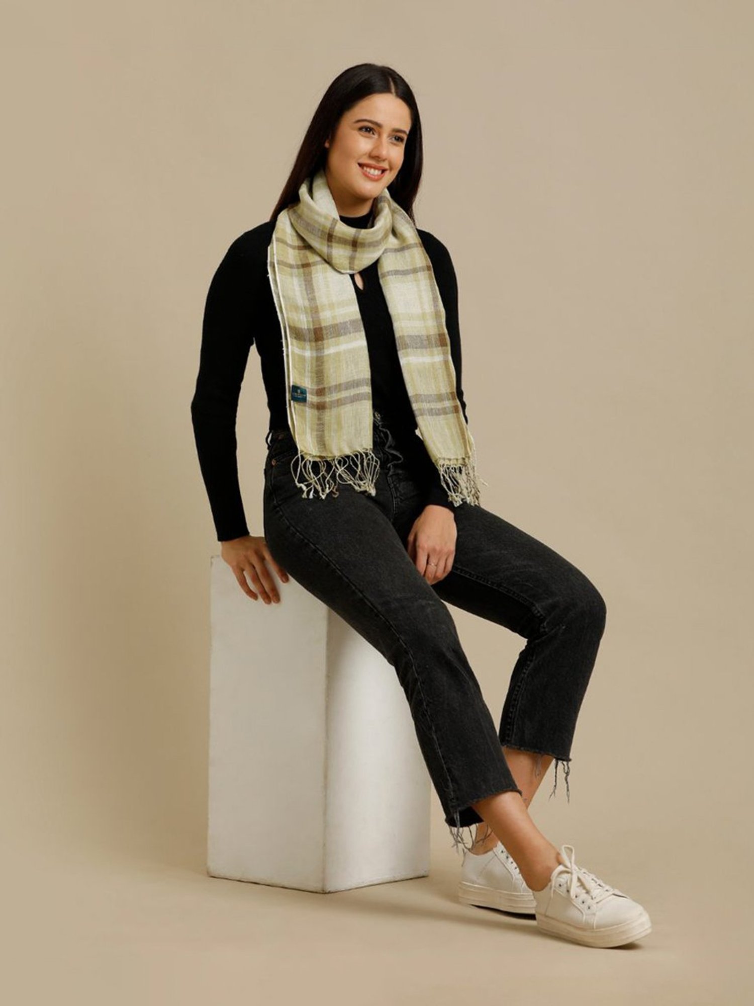 Linen Club Brown Checks Pure Linen Stole