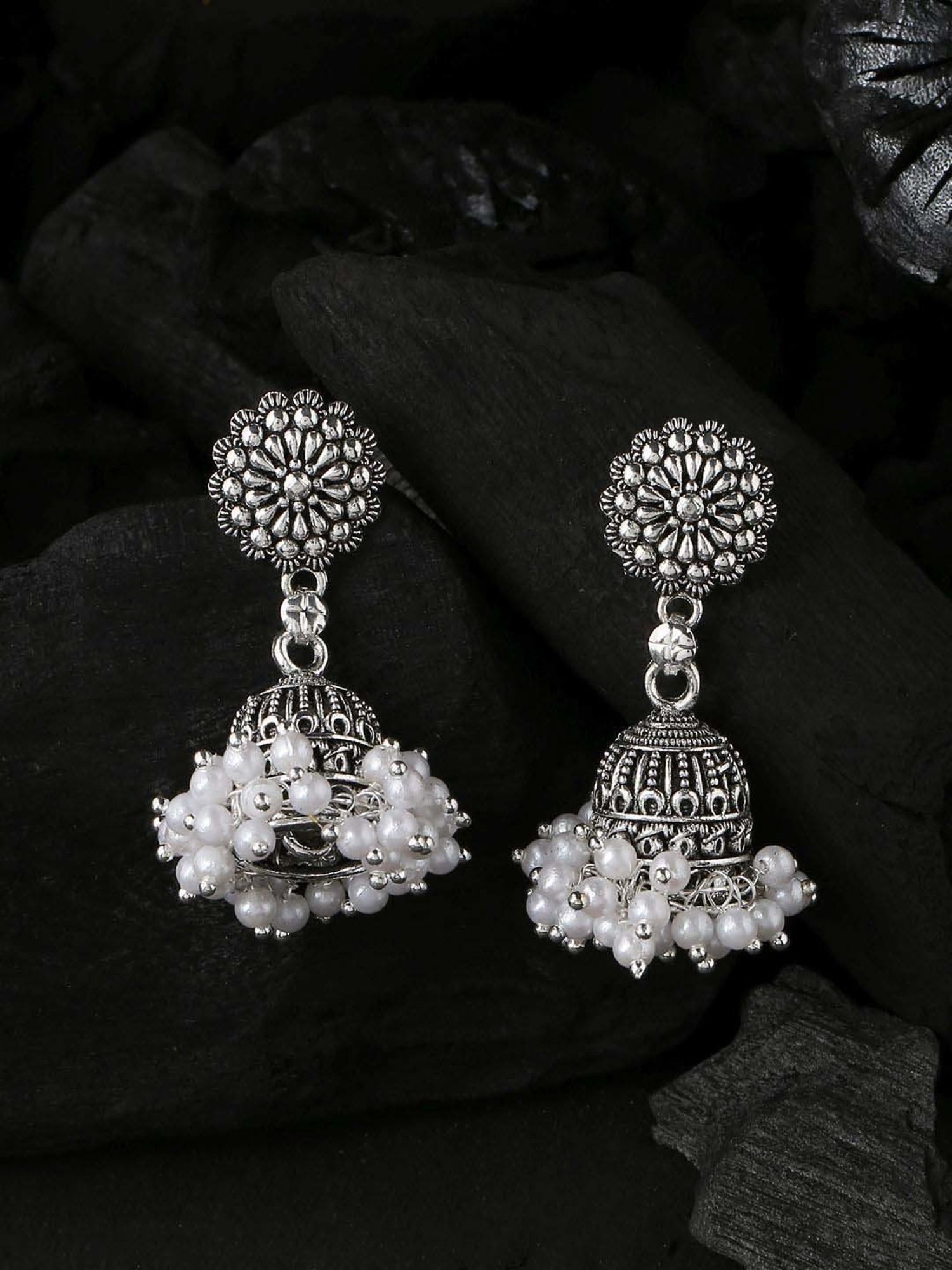 NVR Silver Toned Dome Shaped Jhumki earrings for Women