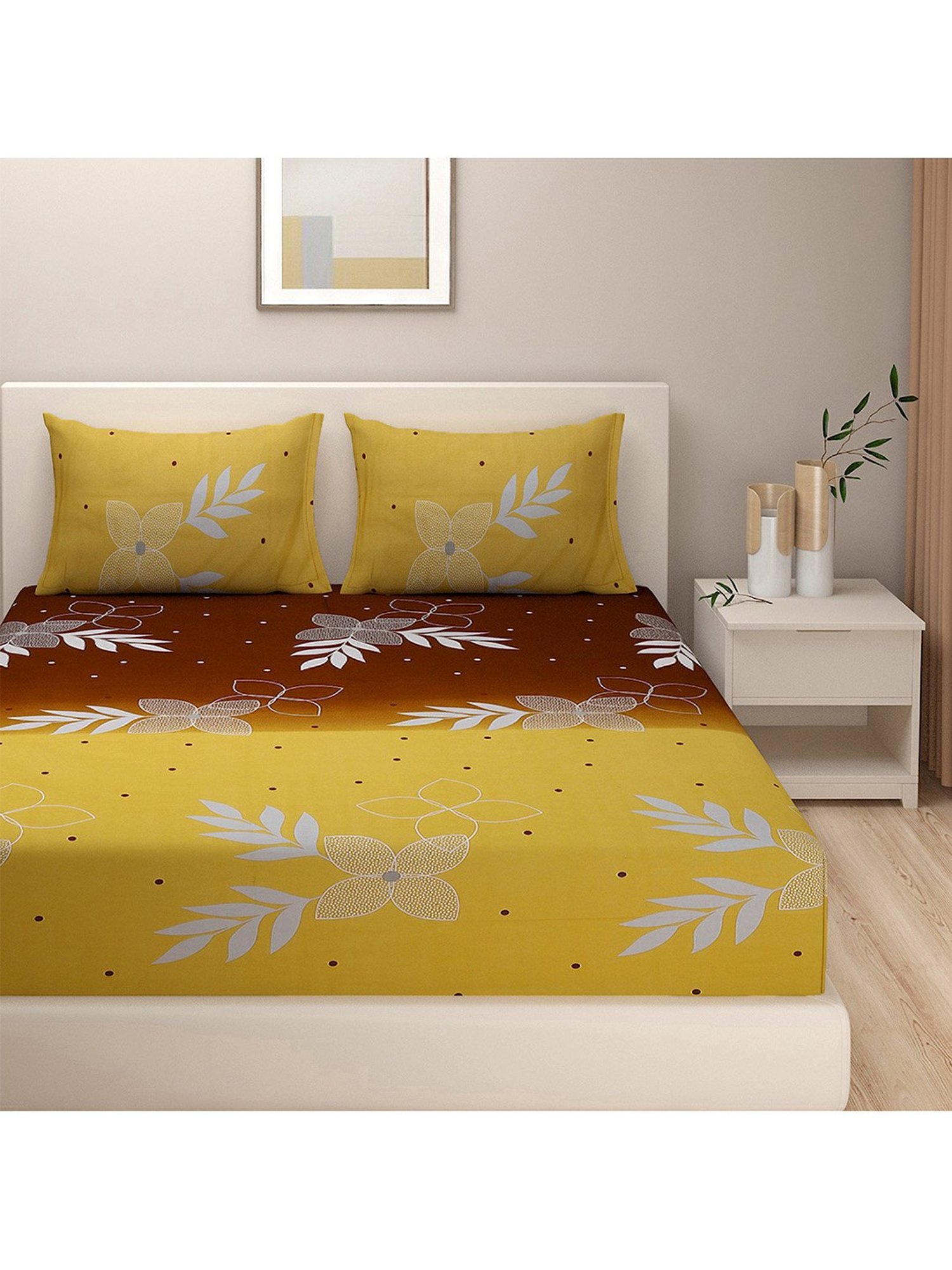 Swayam Zinnia Floral Brown & Yellow 240 TC Cotton King Bedsheet with 2 Pillow covers