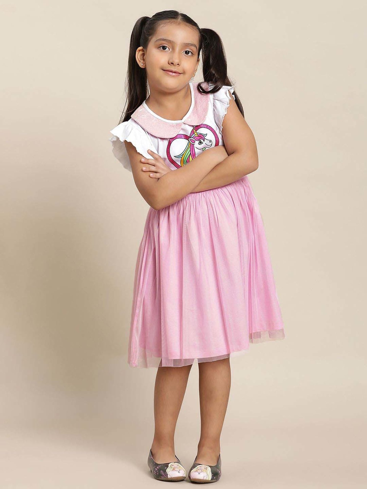 Kidsville White & Pink Cotton Printed Dress