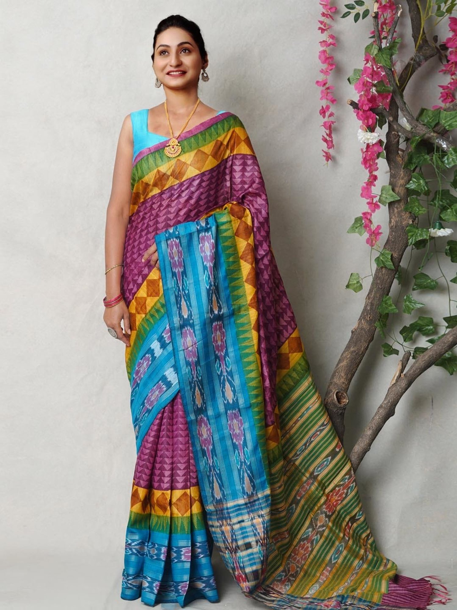 Unnati Silks Purple & Blue Silk Printed Saree With Unstitched Blouse