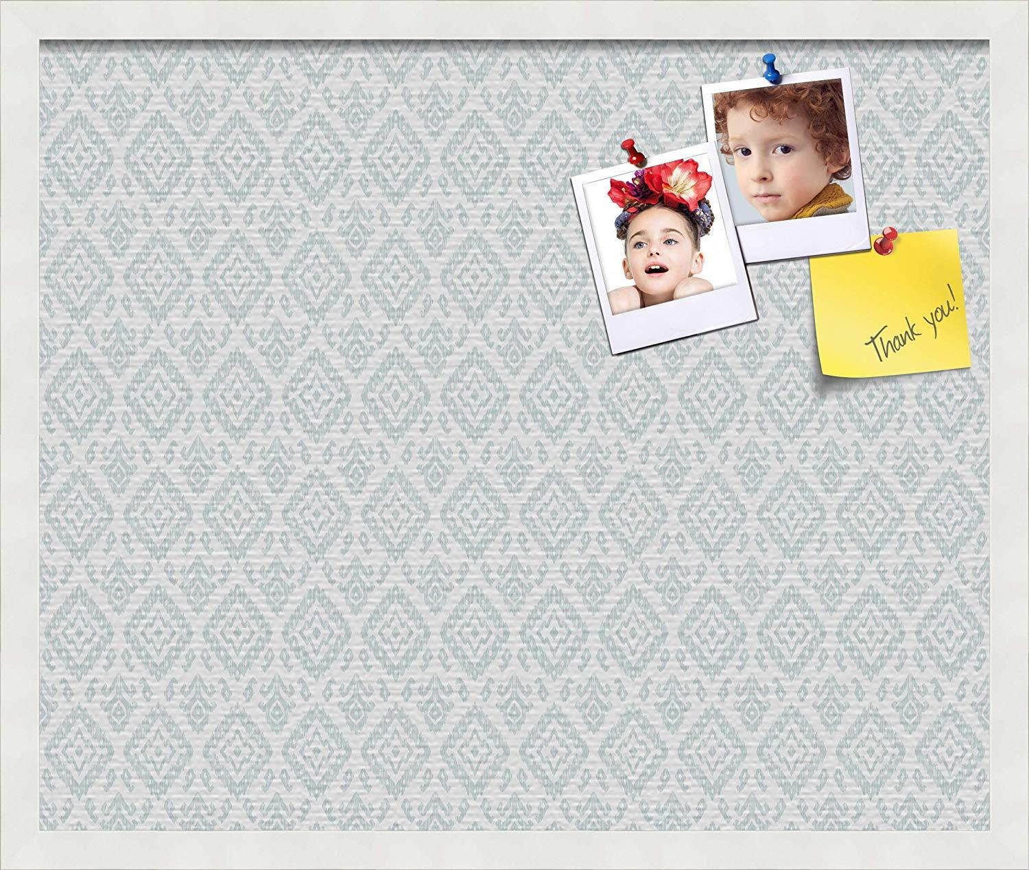 PinPix pin Cork Bulletin Board Made from Canvas, Ikat Vintage Lt Green 24x20 Inches (Completed Size) and Framed in Satin White Frame (PinPix-1597-24x20_FRBW26074)