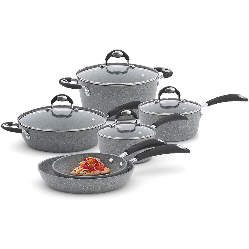 Bialetti 7351 Granito Nonstick Hard Aluminum Anodized Covered 10 Piece Kitchen Stove Top Cookware Set with Glass Lid, Oven Safe, Gray